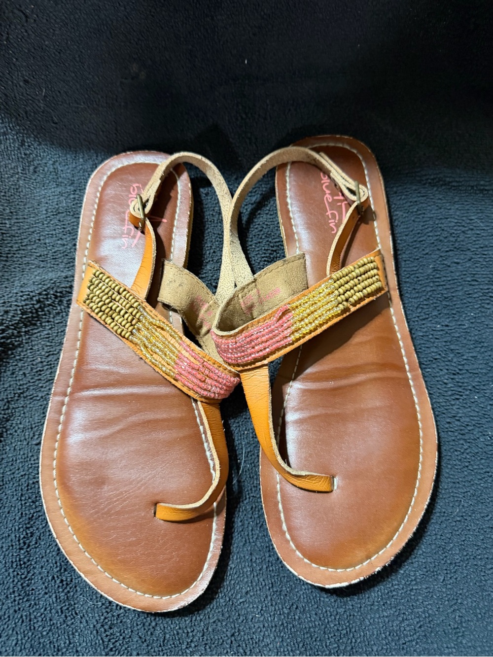 Blue Fish Brown Leather Thong Sandals with Pink & Yellow Beaded Straps